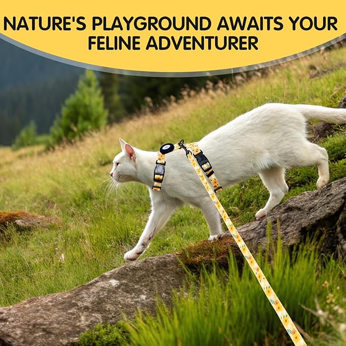BINGPET Cat Harness and Leash Set Escape Proof for Walking,Adjustable Kitten Harness with Airtag Holder for Small Medium Large Cats (Yellow Flower Print,Neck:8"-12",Chest:12.5"-18")