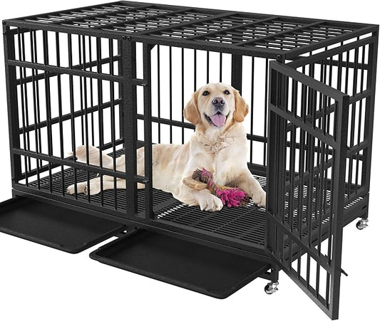 48 Inch Heavy Duty Dog Crate for Large Dogs Indestructible Dog Cage XL High Anxiety Kennel with Wheels Impact Escape-Proof Dogs Crate Indoor with Locks and 2 Removable Trays