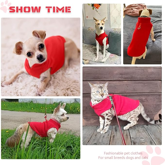 PETCARE Small Dog Sweater Cat Fleece Vest Soft Dog Jacket with Leash O-Ring Winter Warm Pet Pullover Coat Puppy Clothes for Small Dogs Cats Chihuahua Apparel Shih Tzu Costume, Red