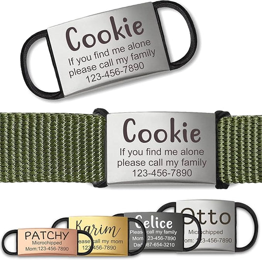 Anavia Slide On Silent Pet ID Tags, S/M/L/XL Personalized Stainless Steel Cat Dog Tag with Elastic Fabric Band, Engraved Nameplate Quiet Chew-Proof Pet Collar Tag (Silver, Large)