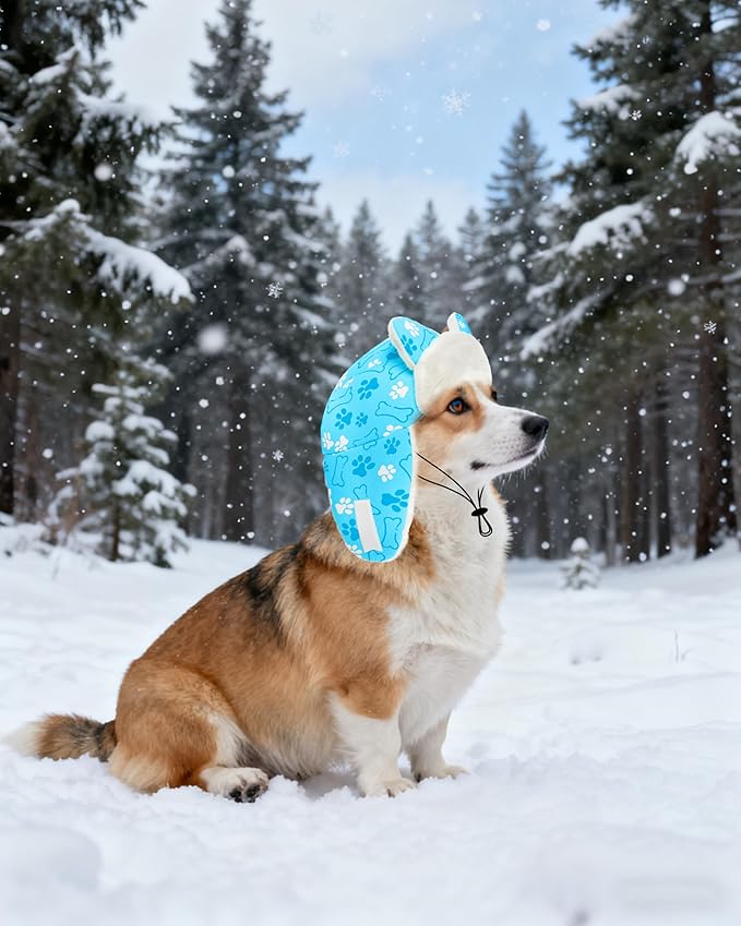 PET SHOW Dog Trapper Hat Winter Hat for Small Medium Dogs Warm Fleece Aviator Hats with Ear Flaps Adjustable Outdoor Boy Pet Pilot Costume Cap M-Blue Paw/Without Ear Holes