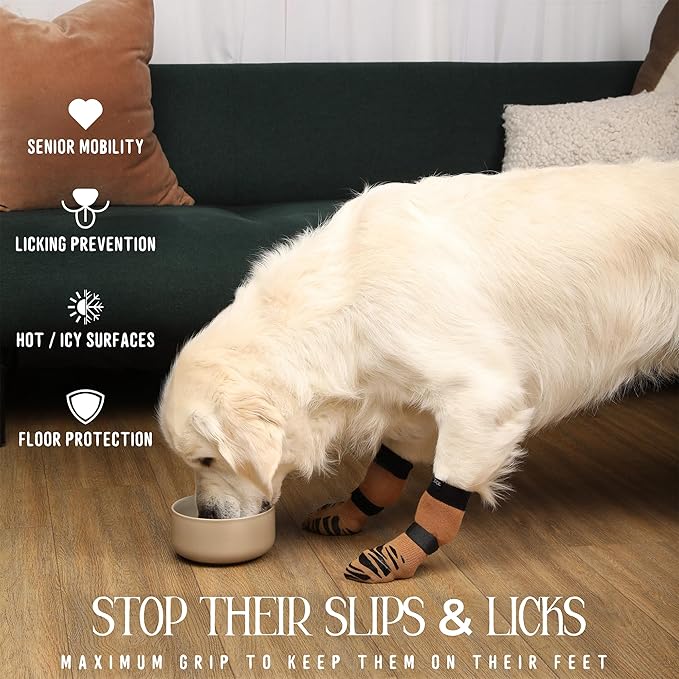 DOK TigerToes Premium Non-Slip Dog Socks for Hardwood Floors - Extra-Thick Grip That Works Even When Twisted - Prevents Licking, Slipping, and Great for Dog Paw Protection (Cool Caramel, X-Large)