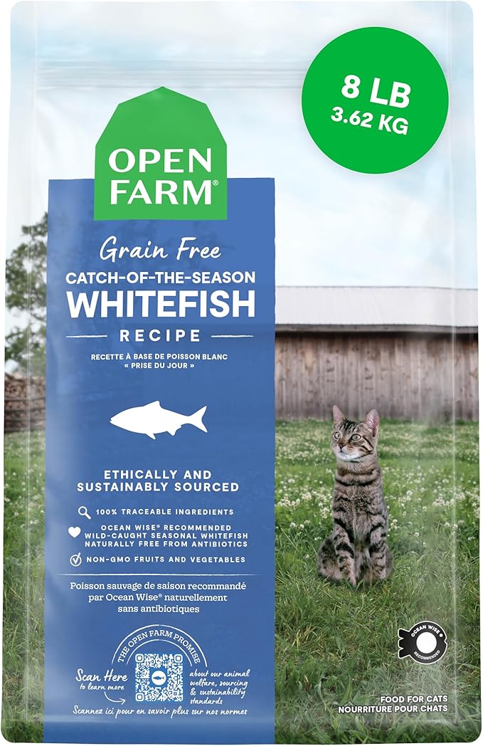 Open Farm, Grain Free Dry Cat Food, High-Protein Kibble for a Complete & Balanced Diet, Non-GMO Fruits & Vegetables, Prebiotic Fibers to Support Digestion, Catch-of-The Season Whitefish, 8lb Bag