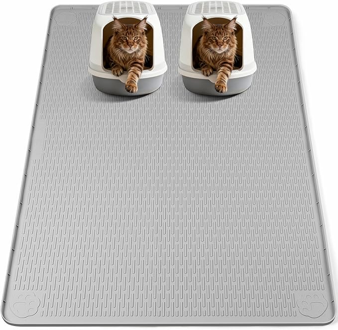 Cat Food Mat, 57" x 40" Extra Large Silicone Pet Feeding Mat with Raised Edge Pet Placemat for Food and Water Bowl Non-Slip, Easy to Clean, Floor Protection (Light Grey)