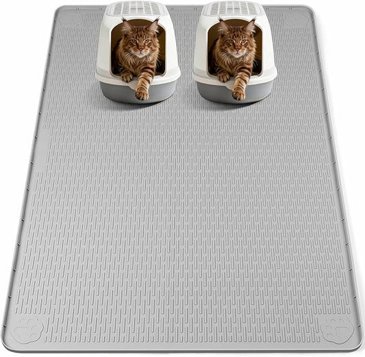 Cat Food Mat, 57" x 40" Extra Large Silicone Pet Feeding Mat with Raised Edge Pet Placemat for Food and Water Bowl Non-Slip, Easy to Clean, Floor Protection (Light Grey)