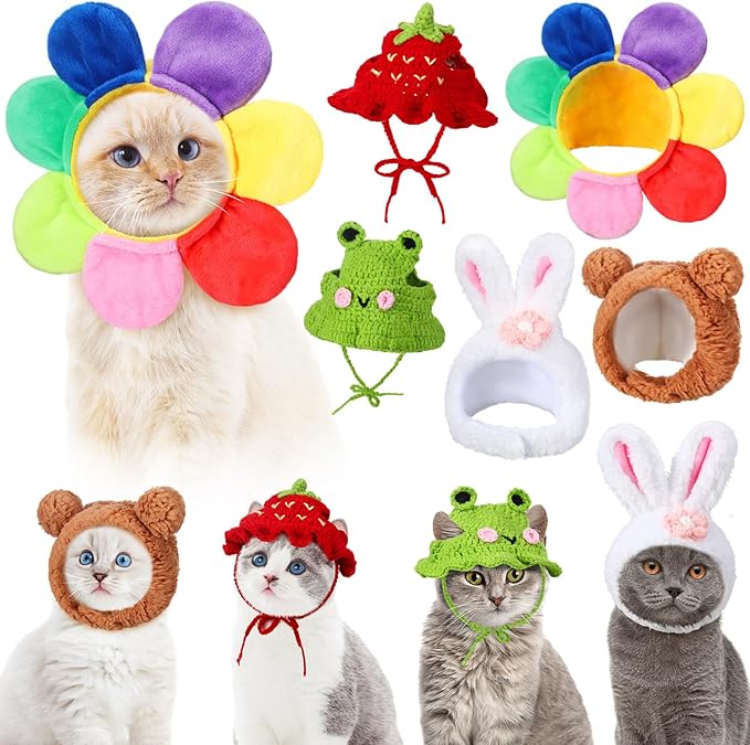 Weewooday 5 Pieces Cat Costume Christmas Bunny Hat Outfit with Ears Funny Cat Hat and Small Dogs Kitten Puppy Party Christmas Easter Costume Accessory Headwear(Vivid Style)
