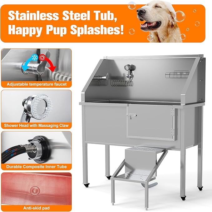 COZIWOW 56" Dog Washing Station, Large Dog Wash Station for Home, Stainless Steel Dog Grooming Tub, Professional Dog Bathing Station with Shower Hose, Washing Gloves, Floor Grate