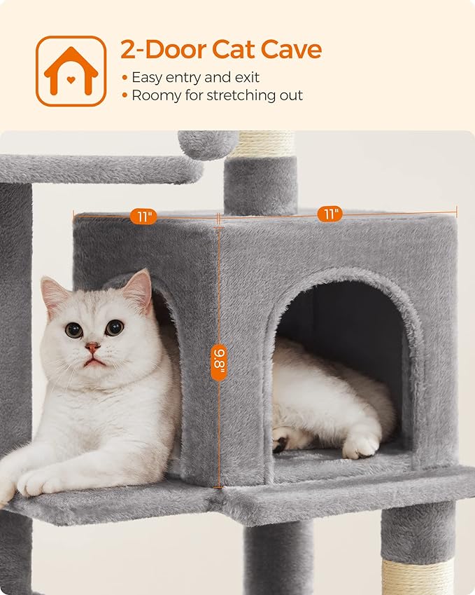 Feandrea Cat Tree, 44.1-Inch Cat Tower for Indoor Cats, Multi-Level Cat Condo with 4 Scratching Posts, 2 Perches, Hammock, Cave, Light Gray UPCT261W01