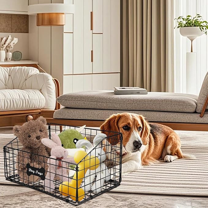 Large Dog Toy Basket, Metal Dog Toy Bin, Mesh Wire Basket with Wooden Handles, Toy Box for Living Room Area, Dog Toys Box, Pet Toys for Dog Cat, Sturdy Dog Basket for Dog Leash,Blanket,Toys,Snacks