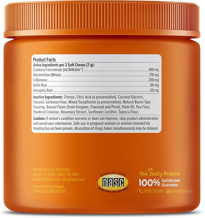 Zesty Paws Cranberry Supplement for Dogs - Bladder Control for Dogs - Urinary Tract Support - Cranberry Chews with D-Mannose, Vitamin B6 & L-Arginine - Immune & Gut Support - Bacon - 90 Count