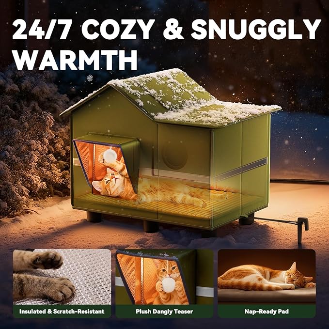 Heated Cat Shelter for Outside, Large Outdoor Cat House with Roof Window and Cozy Cushion, Weatherproof Foldable and Easy Assembly Design, Ideal for Stray and Feral Cats