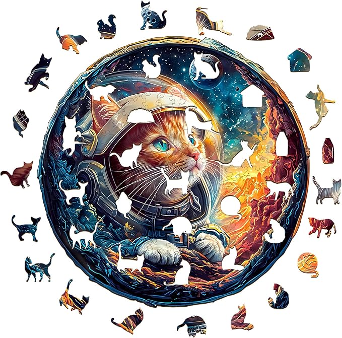 KAAYEE Wooden Puzzles for Adults, 3D Space Cat 100 Piece Unique Animal Shape Puzzle, Cat Wood Puzzle for Adults, Creative Gifts for Friends/Family, Home Decor(8.5 * 8.3in)