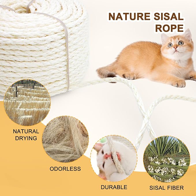 Sisal Rope for Cat Scratcher, Cymuber 6mm Cat Sisal Rope for Replace Scratching Post and Scratcher Repair, DIY Hemp Twine for Tree Tower Carpet Mat Kicker House Pet Toy and Crafts(65-Feet/20M)