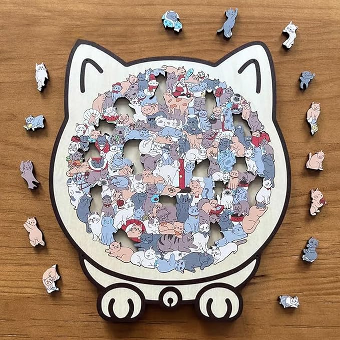 135-Piece Morandi-Colored Cat Shaped Wooden Jigsaw Puzzle, Cats Shaped Wooden Puzzle, Unique Animal Pieces, CreativePuzzle Gifts for Cats Lovers or Puzzle Fans, Home Decor (Maillard)