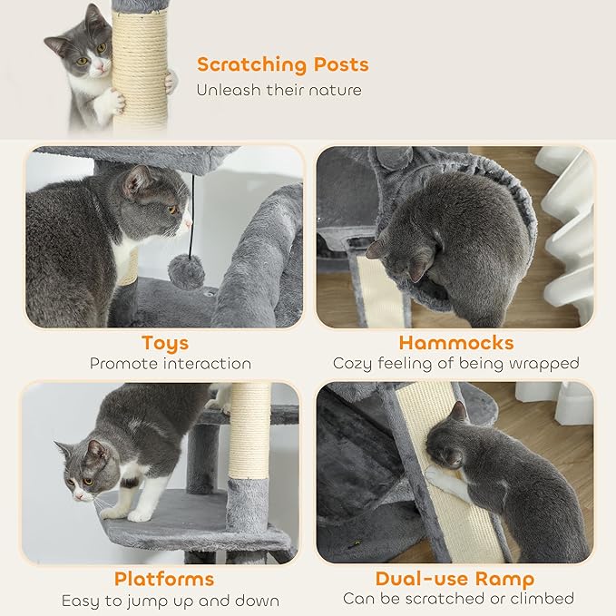 PawHut Cat Tree, 69" Multi-Level Large Cat Tower with 8 Scratching Posts, 2 Condos, 3 Hammocks, Scratching Ramp, 3 Perches, Dangling Toys, Activity Center for Indoor Kittens, Dark Gray