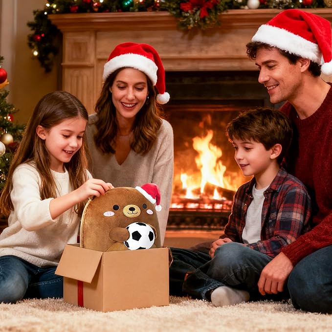 Onsoyours Original Christmas Bear Plush with Soccer Ball Santa Hat, Cute 12 inch Sport Brown Bear Stuffed Animal, Ultra Soft Hugging Xmas Gift Plush Toy for Kids & Adults