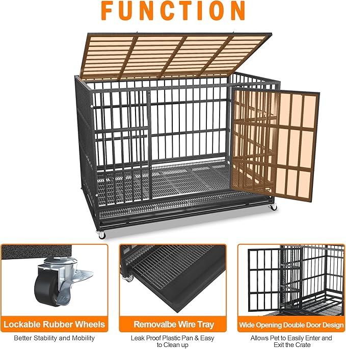48/42/38 inch Heavy Duty Indestructible and Escape-Proof Dog Crate Cage Kennel for Large Dogs, High Anxiety Dog Crate with Removable Wire Trays and Wheels, Extra Large XL XXL