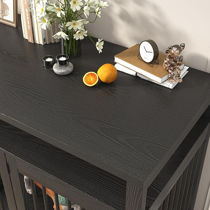 87In Farmhouse Dog Crate TV Stand, Wooden Dog Kennel Furniture with 2 Doors, Large Dog Crate Furniture for 2 Dogs, Solid Metal Tube & 4 Lockable Doors, Black