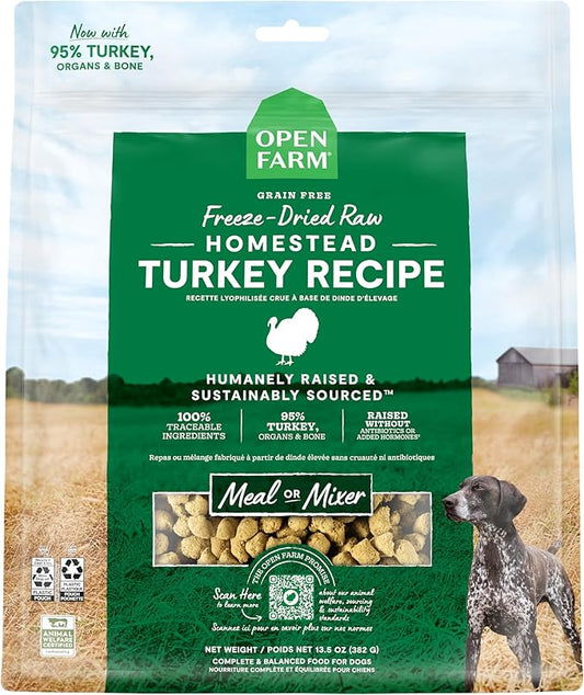 Open Farm, Freeze Dried Raw Dog Food, Morsels with 95% Meat, Organs & Bone, Organic Produce & Superfoods, Complete Meal or Freeze Dried Dog Food Topper, Turkey Recipe, 13.5oz Bag