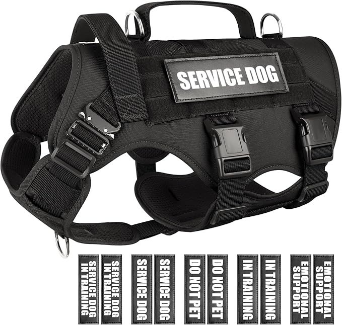 WINSEE Service Dog Vest Harness for Large Dog, Tactical Working MOLLE Vest with 10 Pet Patches, No Pull Heavy Duty Harness for Training Hunting Walking