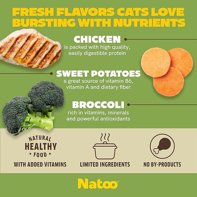 NATOO Cat Food Topper for Picky Eaters, Healthy Soft KittyTreat (Chicken, Sweet Potato & Broccoli) Wet Cat Meal with Gravy, High Protein, Limited Ingredient Adult & Kitten Food, 2.4 oz (Case of 20)