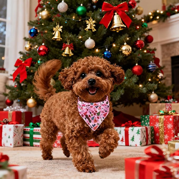 Lionet Paws Christmas Dog Bandana Washable Cotton Handkerchief Scarf Triangle Ho Christmas Tree Pink Bandanas for Small Medium Dogs Girl