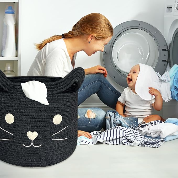 VK VK·LIVING Large Cat Toy Basket with Handles 15" Lx14 H Cotton Rope Toy Box with Black Cat Design, Gift Basket for Laundry, Baby, Towels, Blankets, Woven Cotton Rope Animal Storage Organizer