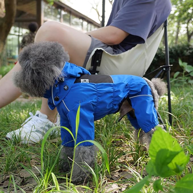 LOVELONGLONG Waterproof Dog Raincoat with Removable Hood – Outdoor Full Body Dog Jacket, Windproof Snowproof Shell Suit – All Season Pet Rain Gear Blue 4XL