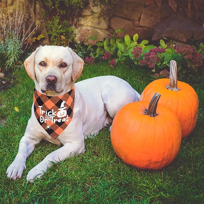ADOGGYGO Halloween Dog Bandanas, Classic Orange Purple Plaid Pet Scarf Bib, Premium Cotton Fabric, Multiple Sizes, Halloween Bandanas for X-Large Dogs Pets (X-Large)
