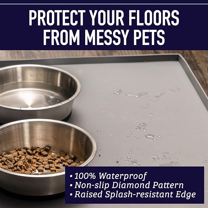 Leash Boss Dog Food Mat - Waterproof Cat & Dog Bowl Mat for Food and Water, Silicone Pet Feeding Mats for Floors, Non-Slip Placemat with High Edges, Puppy Essentials (XXL: 30"x22", Black)