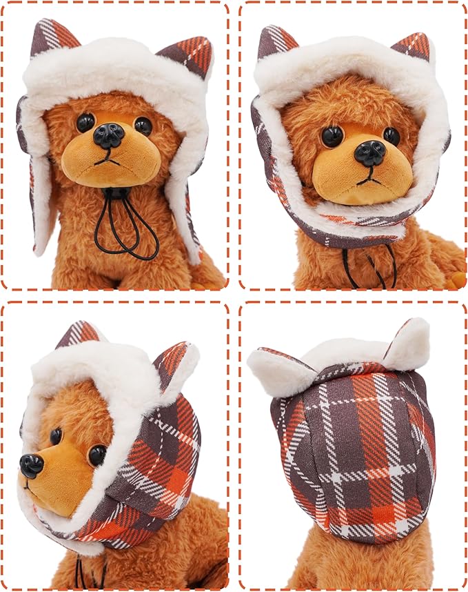 PET SHOW Dog Trapper Hat Winter Hat for Small Medium Dogs Fall Thanksgiving Warm Fleece Aviator Hats with Ear Flaps Adjustable Outdoor Boy Pet Pilot Costume Cap M-Orange Plaid/Without Ear Holes