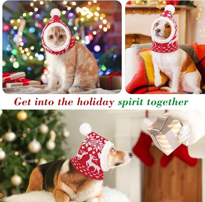 Pawaboo Christmas Pet Hat for Dogs, Funny Knitted Xmas Cap with Pom-Pom, Crocheted Snood Winter Warm Ear Flap Hat, Neck Warmer Hood Scarf for Medium Dogs, Party Decoration Gift, M, Xmas Elk Red