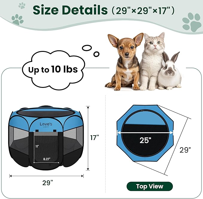 Love's cabin Pet Puppy Dog Playpen, Small Dog Tent Crates Cage Indoor/Outdoor, Portable Playpen for Cat, Foldable Pop Up Dog Kennel Playpen with Carring Case, Removable Zipper Top, Blue