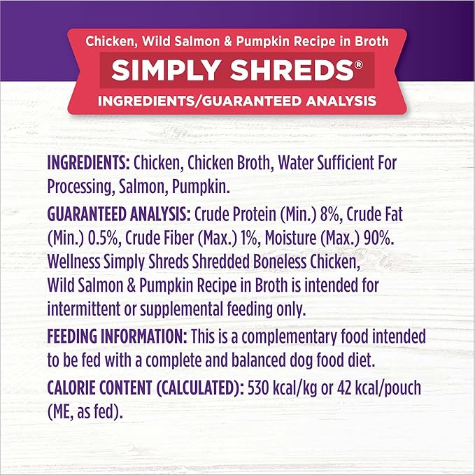 Wellness Bowl Boosters Simply Shreds Wet Dog Food Topper for Small, Medium, & Large Breeds, Grain Free, Natural, Wild Salmon & Pumpkin, 2.8 Ounce Pouch (Pack of 12)