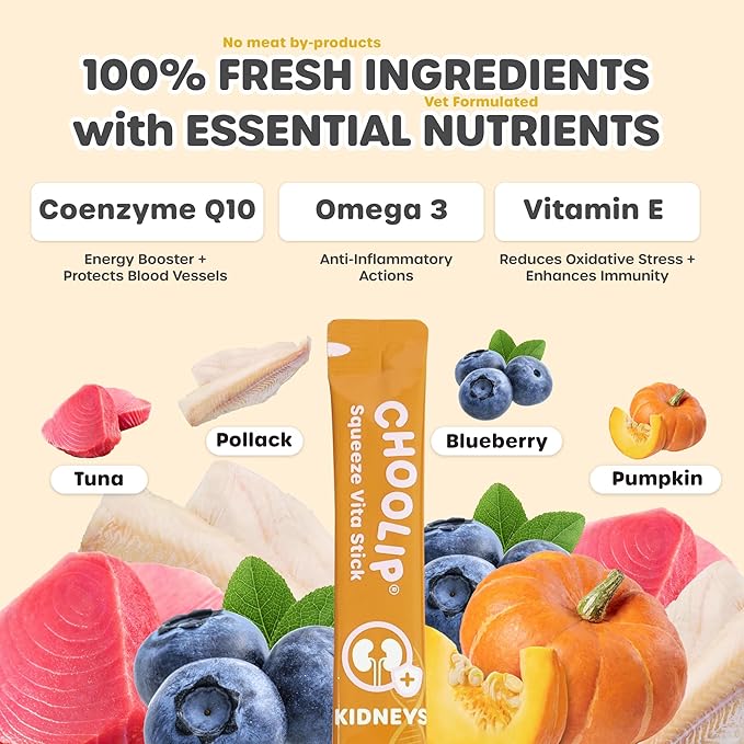 Choolip Squeeze Vita Stick Lickable Cat Treats & Dog Puree – 49-Count Kidney Support Tubes, Creamy Puree with Multivitamins for Urinary & Kidney Health, Grain-Free High-Protein Vet-Formulated Treats