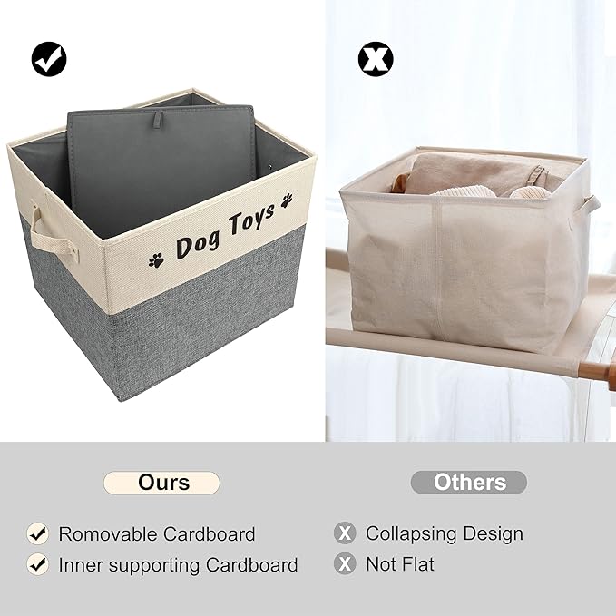 PET ARTIST Large Dog Toy Basket, Foldable Dog Toy Bin Box for Living Roon Area, Collapsible Storage Baskets with Comfortable Handles for Pet Coat,Accessories, Gray, 15"x13"x12"