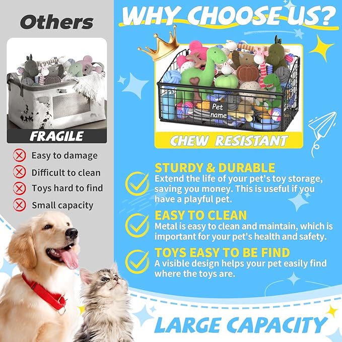 Indestructible Dog Toy basket, Medium Toy Box for Dogs,Pet Toy Bin Dog Metal Basket for Toys, Toy Storage Organizer, Toy Box for Living Room Area (Black)