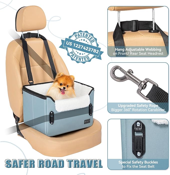 PETSFIT Dog Car Seats for Small Dogs – Patented Safety Buckles – Safety Tether – Foldable Travel Dog Booster Car Seat Reduces Anxiety & Road Trips – Stable Frame, Fits Front/Back Seat (Mint Green)