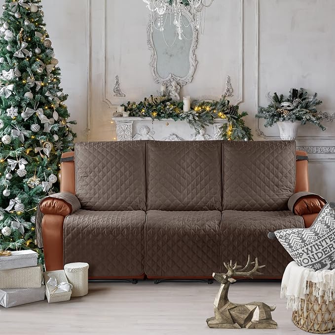 Ruaozz Waterproof Recliner Sofa Cover 1-Piece Couch Covers for Reclining Couches Reclining Sofa Cover Washable Furniture Protector with Elastic Straps Pocket for Kids, Pets (Brown, 3 Seater)