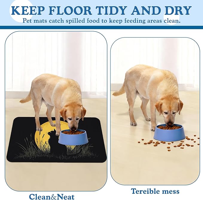 Giner Cat Moon Pet Food Mat for Cats and Dogs–Absorbent Quick Dry Feeding Placemat, Non Slip Rubber Base, Waterproof Bowl Mat for Indoor Use, Pet Supplies 12"x20"