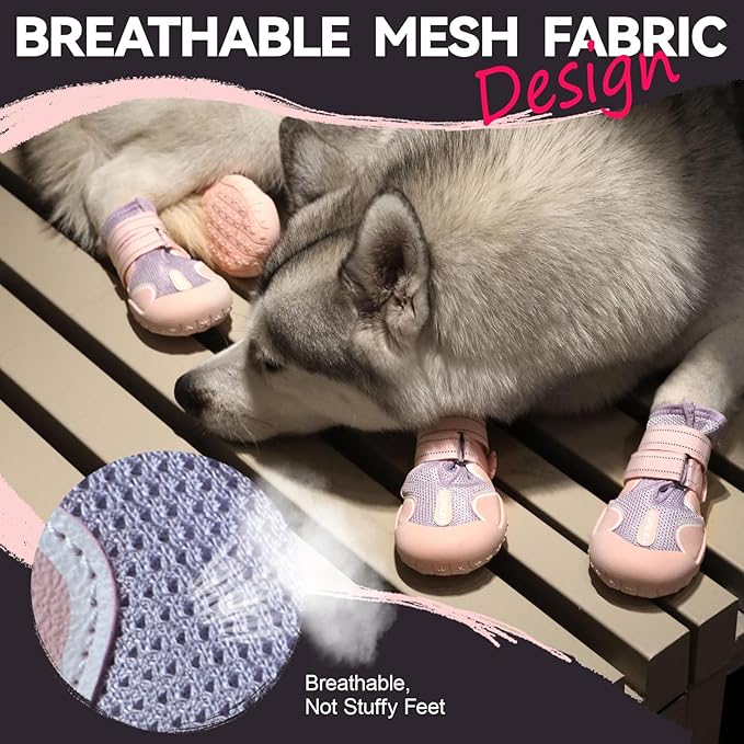 Dog Shoes for Large Small Medium Dogs, Breathable Mesh Dog Boots & Paw Protectors for Summer Hot Pavement Winter Snow, Waterproof Anti-Slip Dog Booties for Hiking Hardwood Floors(Pink-Purple8)