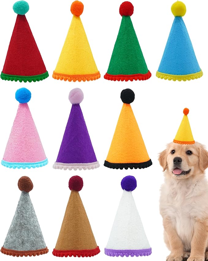 PET SHOW 10 Pack Small Dog Birthday Party Hats for Medium Dogs Stuffed Animals Dolls Adjustable Holiday Hats Felt Pom Pom Headband Pet Grooming Costume Accessories