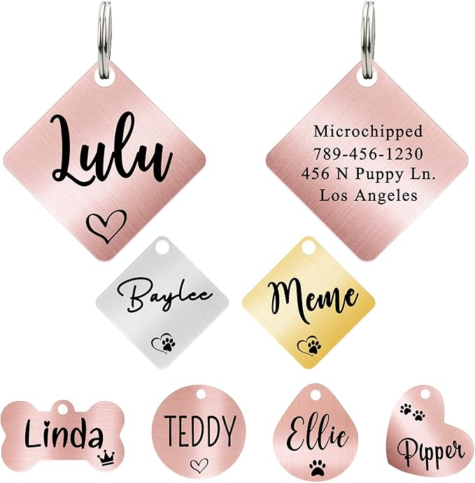 Ultra Joys Dog ID Tag, Custom Dog Tag Personalized Cat Tag, Pet ID Tag, Brushed Stainless Steel Diamond Dog Tag Rose Gold Large