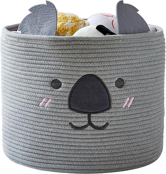 OMERAI Animal Koala Basket, Cute Cotton Rope Woven Large Blanket Basket, Toy Storage for Nursery decor and Laundry Organizer with Handles, baby hamper shower gift, 15" D x 12.6" H, Grey