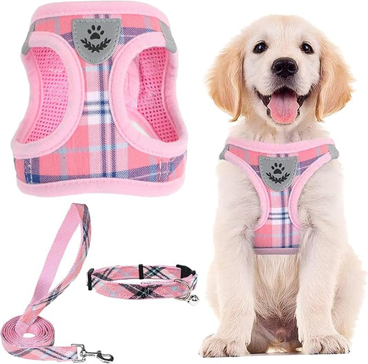 PUPTECK Adjustable Dog Harness Collar and Leash Set Step in No Pull Pet Harness for Small Medium Dogs Puppy and Cats Outdoor Walking Running, Soft Mesh Padded Reflective Vest Harnesses, Pink L