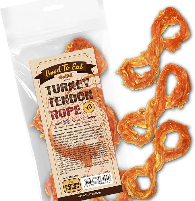 Gootoe Turkey Tendons for Dogs –All-Natural, Hypoallergenic Dog Treats, Rawhide Alternative, Long Lasting Puppy Chews, Healthy Dog Treats for Medium Breeds, Rope (M), 3 Count Pack