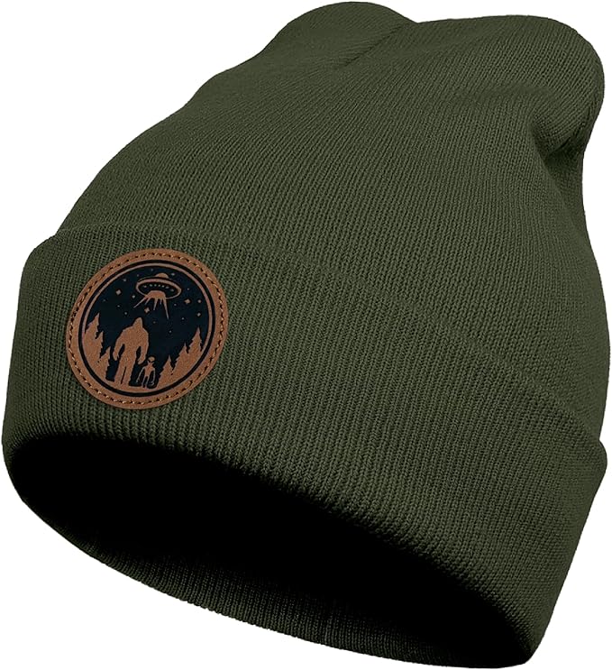Big Foot Beanie Hat, Sasquatch Leather Patch Winter Knit Skull Cap Bigfoot Gifts for Adult Men Women