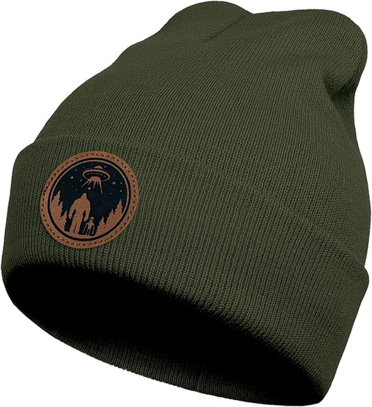 Big Foot Beanie Hat, Sasquatch Leather Patch Winter Knit Skull Cap Bigfoot Gifts for Adult Men Women