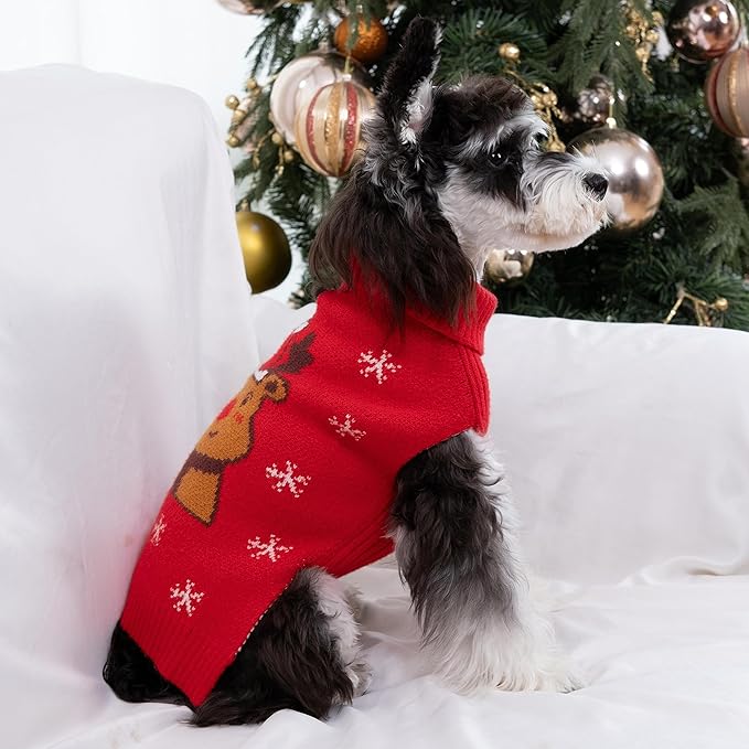 CuteBone Christmas Dog Sweater for Small Medium Dogs Reindeer Knit Red Puppy Sweater Turtleneck Pet Winter Clothes Cat Apparel with Harness Hole