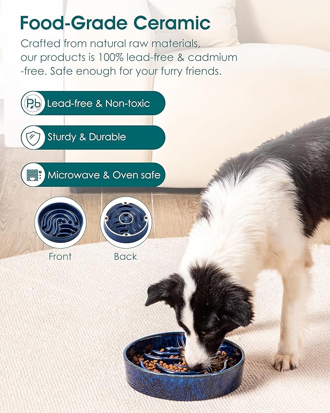 vancasso Slow Feeder Dog Bowl, 3 Cup Ceramic Slow Feeding Food Dish for Large Breed, Puzzle Dog Food Bowl for Fast Eater, Blue